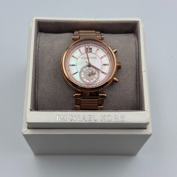 Michael Kors Sawyer Watch MK6282 Women's Rose Gold Tone Chronograph 38mm & box - Picture 1 of 16
